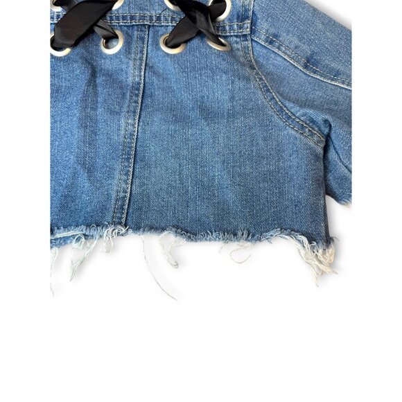 Crave Fame Denim Crop Jacket Distressed Hem Lace-Up Back Size Small - Picture 13 of 14